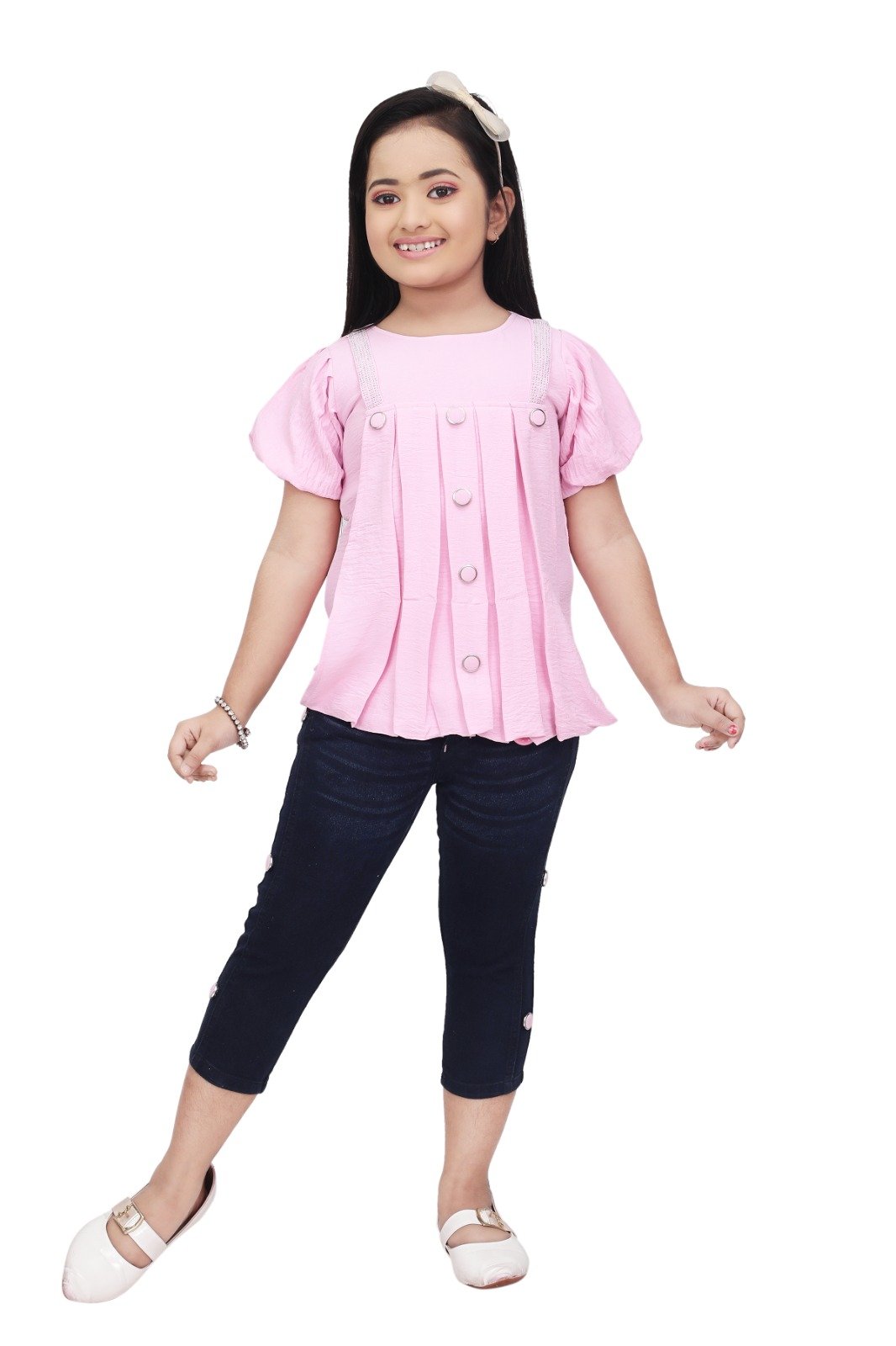 Turn Heads Every Day with This Adorable Pink Georgette Print Top & RFD Jeans Capri Set for Girls (2-10 Years)