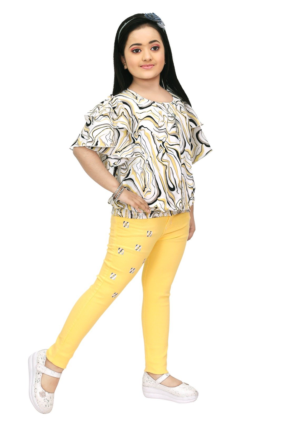 Sunshine Style: Bright Yellow Georgette Top & RFD Jeans Set for Girls (2-10 Years)