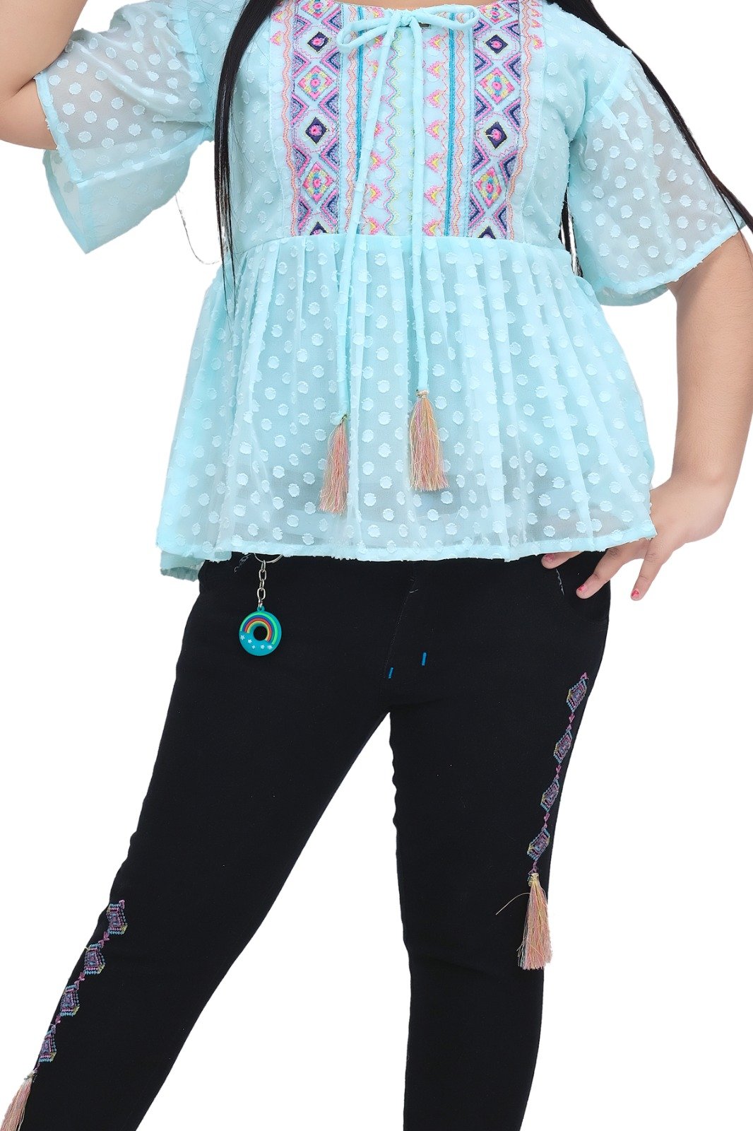 Breezy Brilliance: Blue Chiffon Top & Black Denim Jeans Capri Set for Girls (2-10 Years)