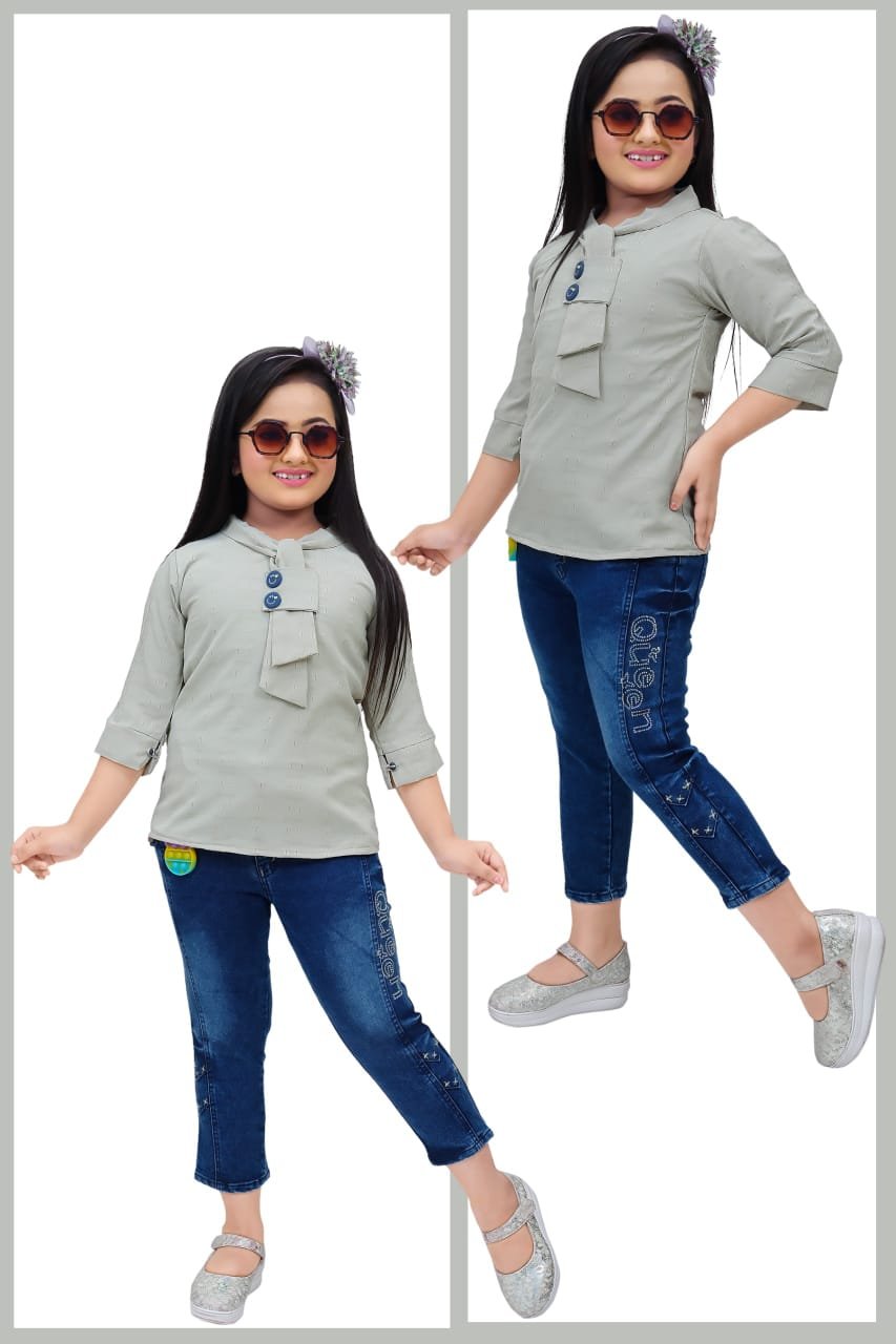 Girls' Denim and Georgette Top Set (Ages 2-10) - Stylish Comfort for Everyday Fun!