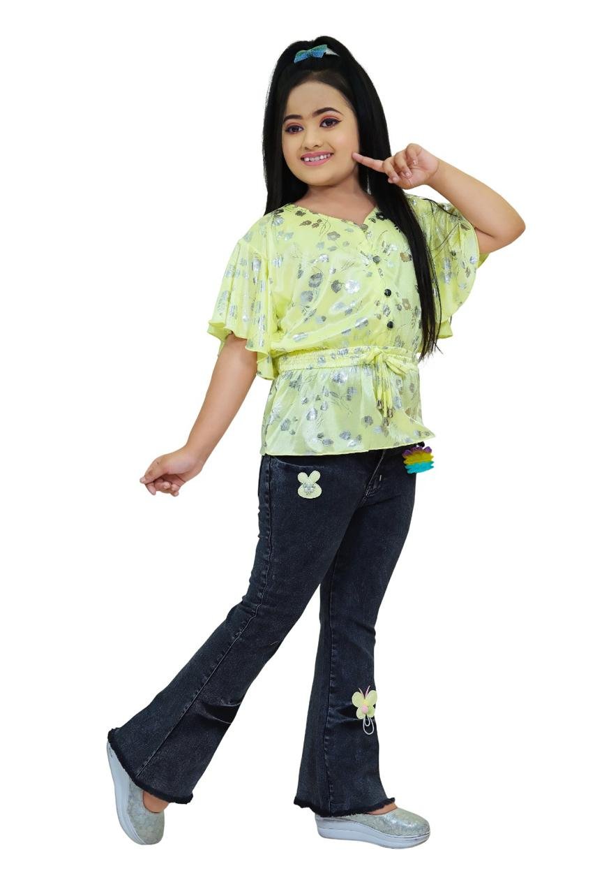 Girls' 2-10 Years Jeans Top Set - Sunshine Style (Black Jeans & Yellow Foil Top)