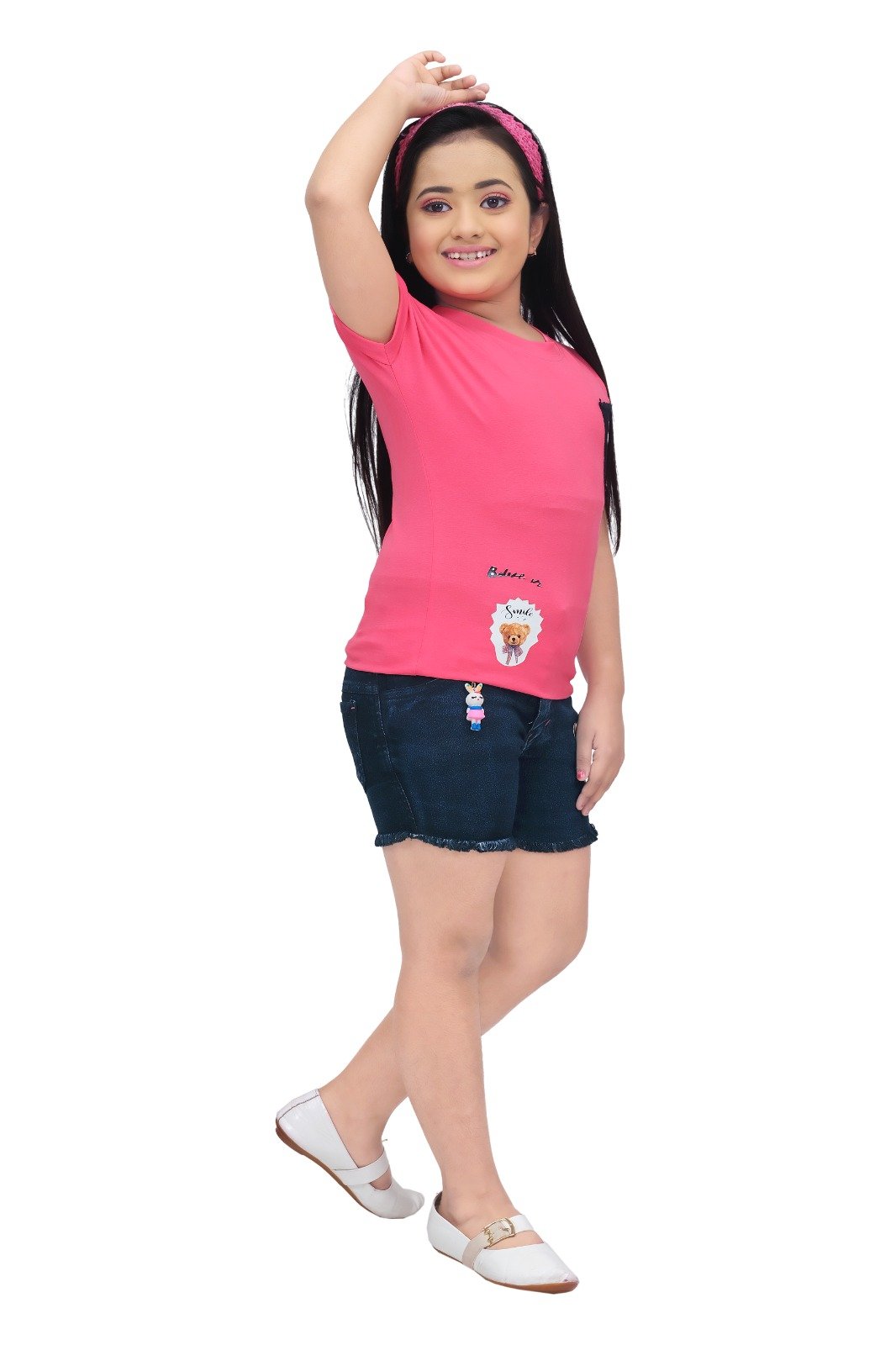 Trendy Pink Top & Black Denim Hot Pants Set for Girls (2-10 Years)