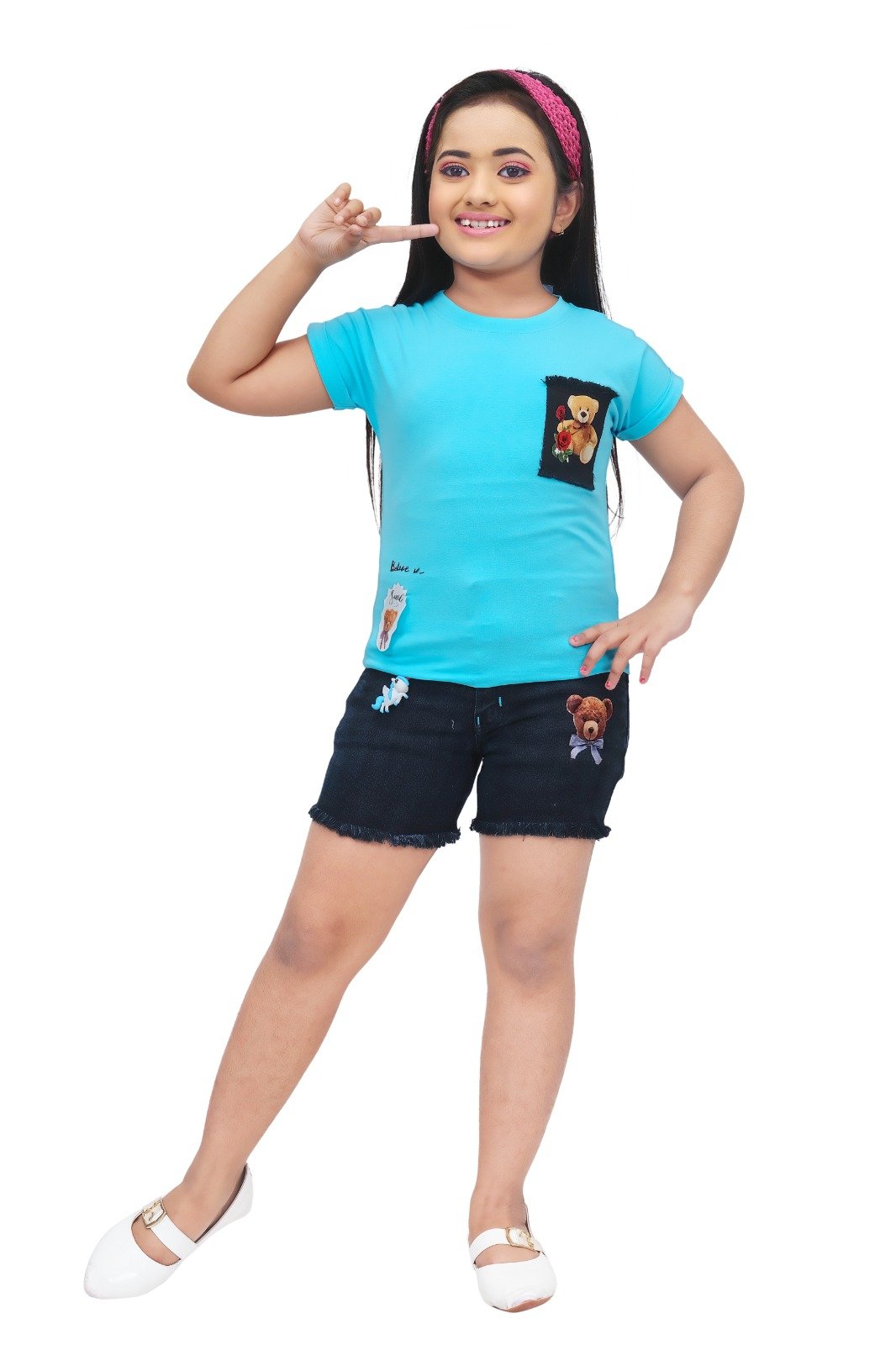 Trendy Blue Top & Black Denim Hot Pants Set for Girls (2-10 Years)