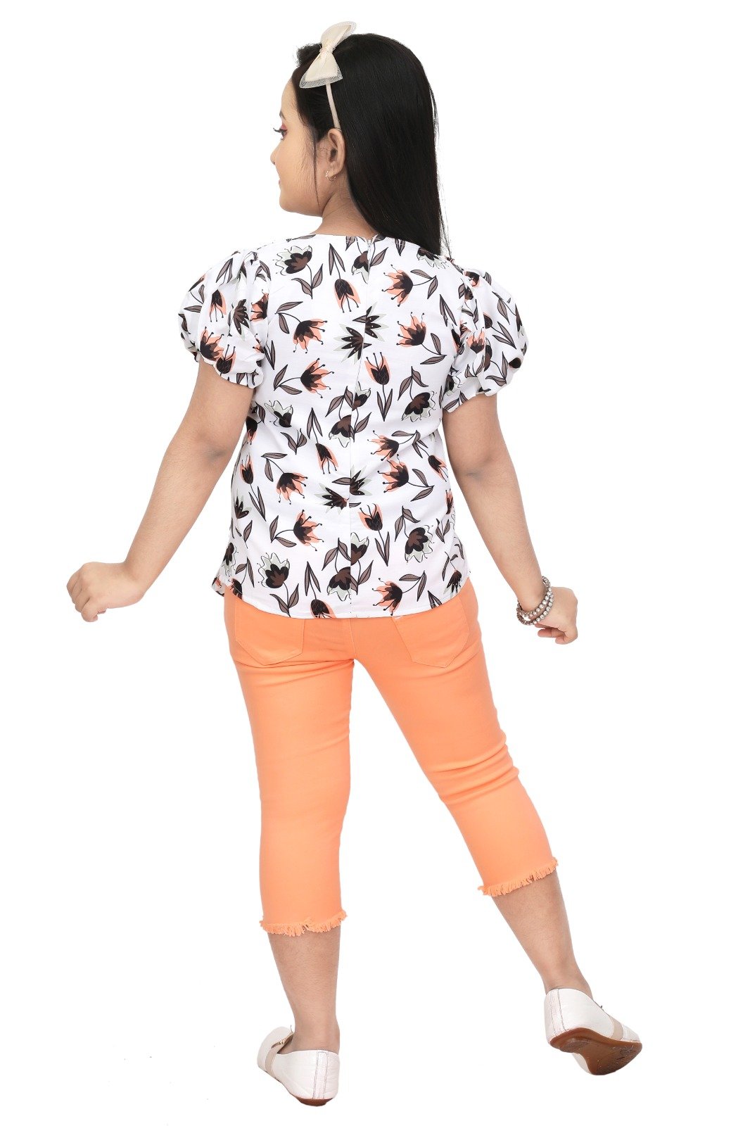 Sunshine Sparkle: Orange Printed Cotton Top & RFD Jeans Capri Set for Girls (2-10 Years)