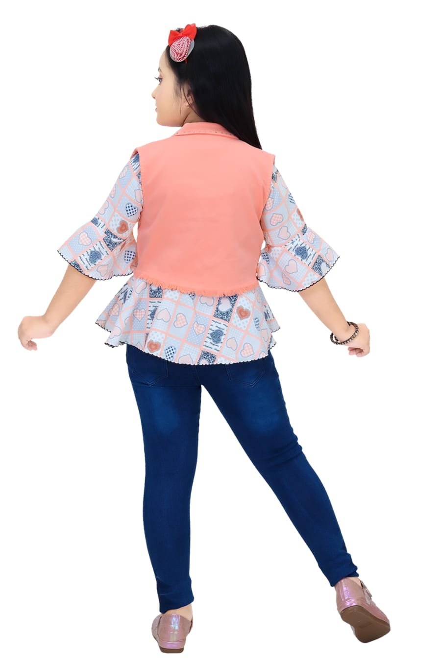 Adorable Three-Piece Outfit for Girls - Pink Jacket, Printed Top & Denim Jeans (2-10 Years)