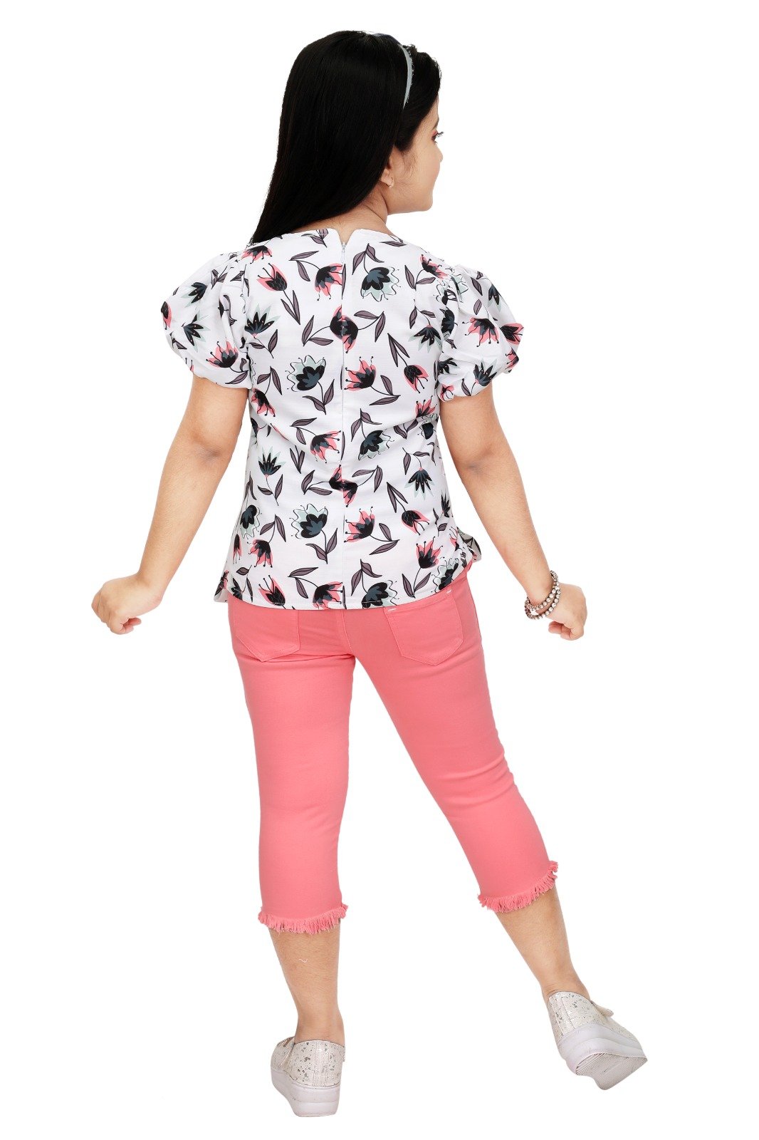 Pink Paradise: Printed Cotton Top & RFD Jeans Capri Set for Girls (2-10 Years)