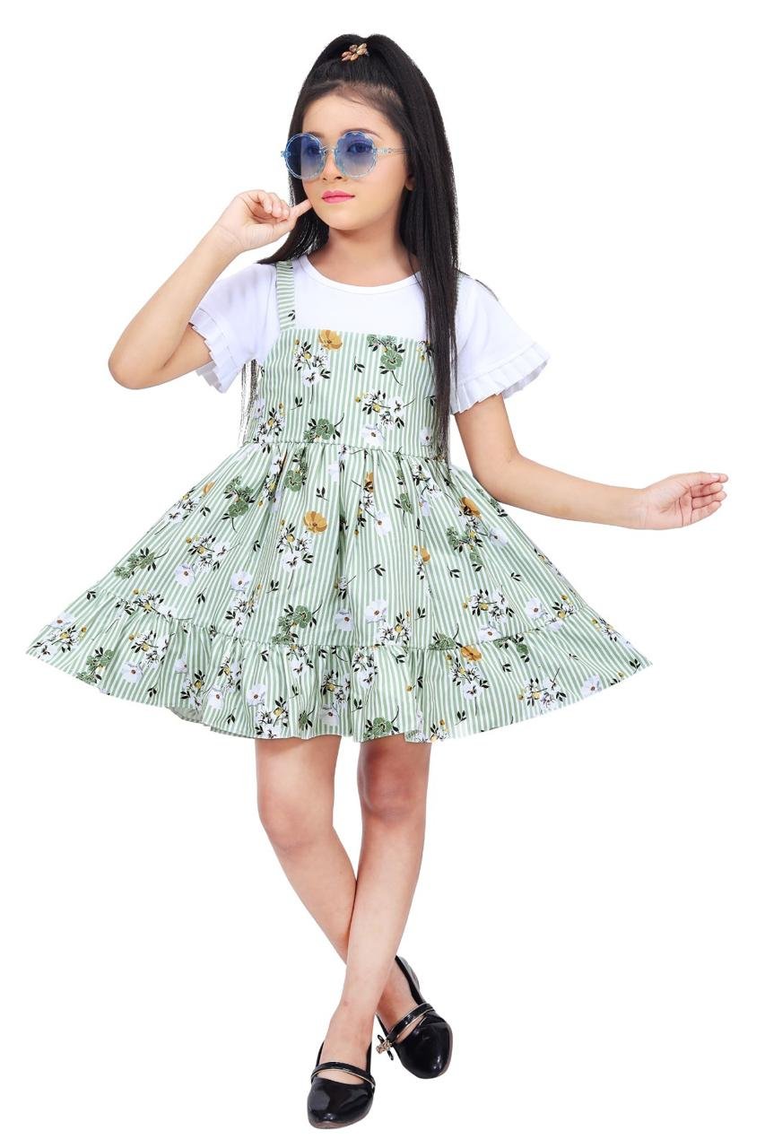 Green Cotton Printed Dress for Girls (Ages 2-3 & 7-8 Years)