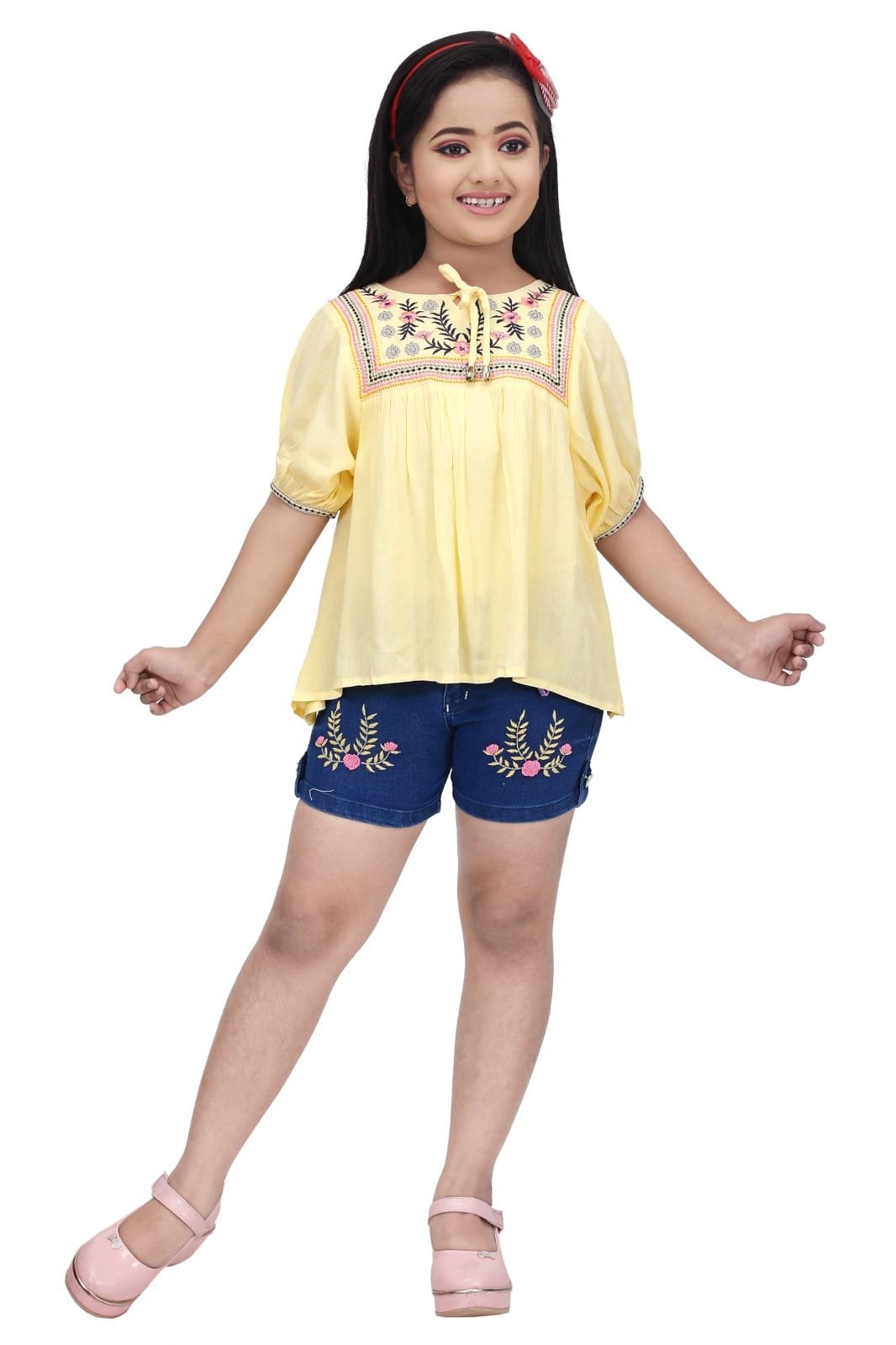 Girls' Summer Fun: Yellow Cotton Hot Pant and Top Set (Sizes 2-10 Years)