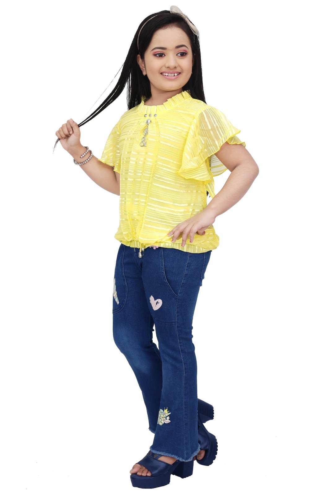 Sunshine Days Begin with This Denim & Chiffon Girl's Jeans Top Set (2-10 Years)