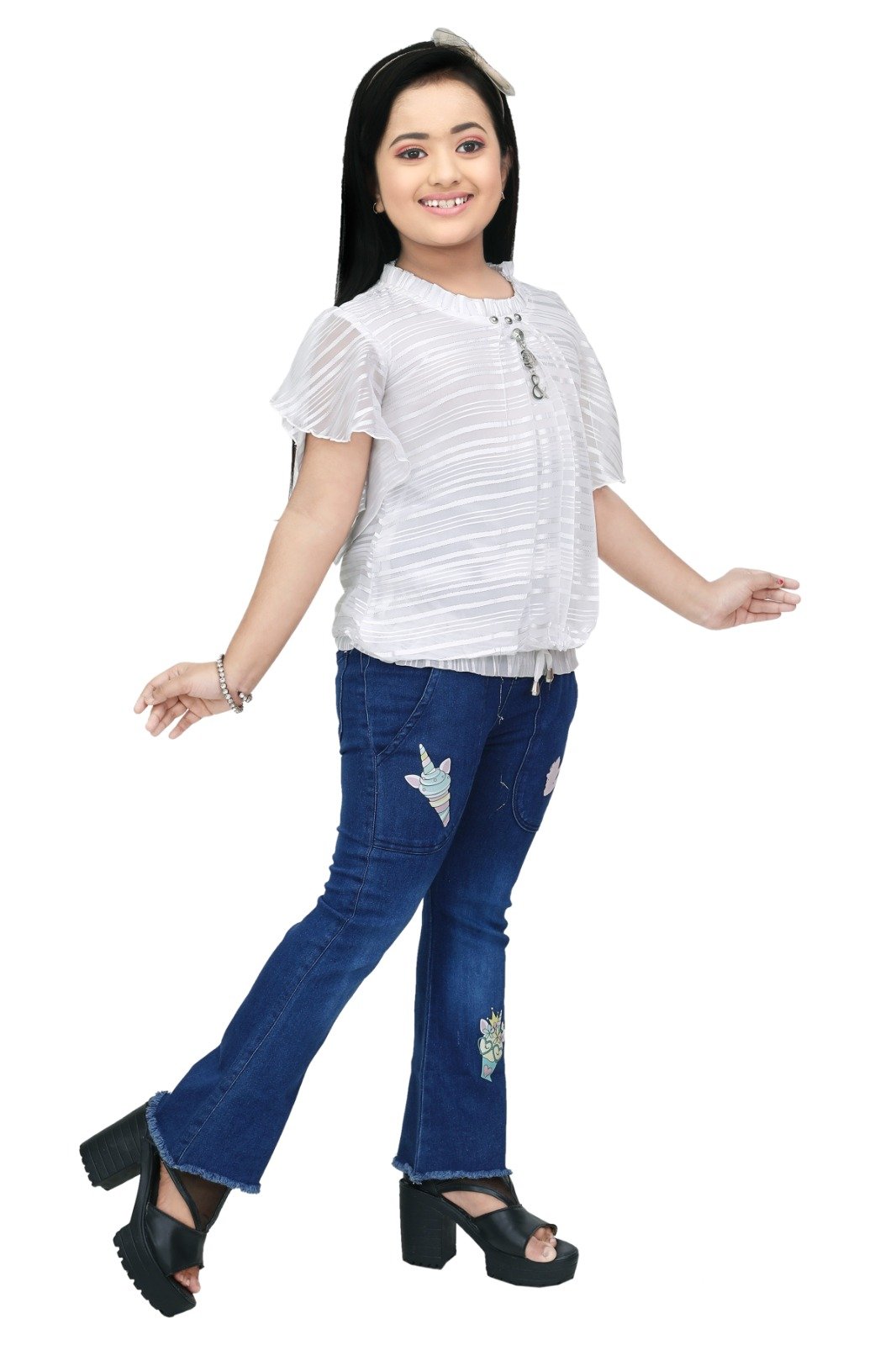 Classic Meets Chic: This White Chiffon & Blue Denim Girl's Jeans Top Set (2-10 Years)